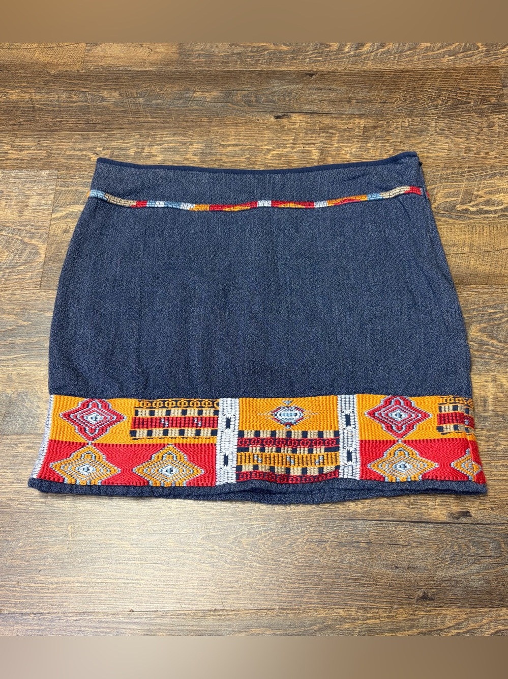 Peruvian Connection Cotton Mini Skirt Tribal Embroidered Hem Boho Womens 10 Blue
